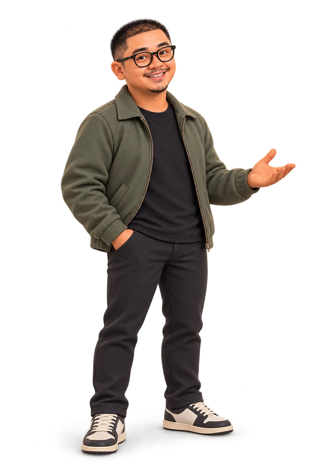 3D illustration of adult Odin in his olive jacket and glasses, smiling with a welcoming gesture