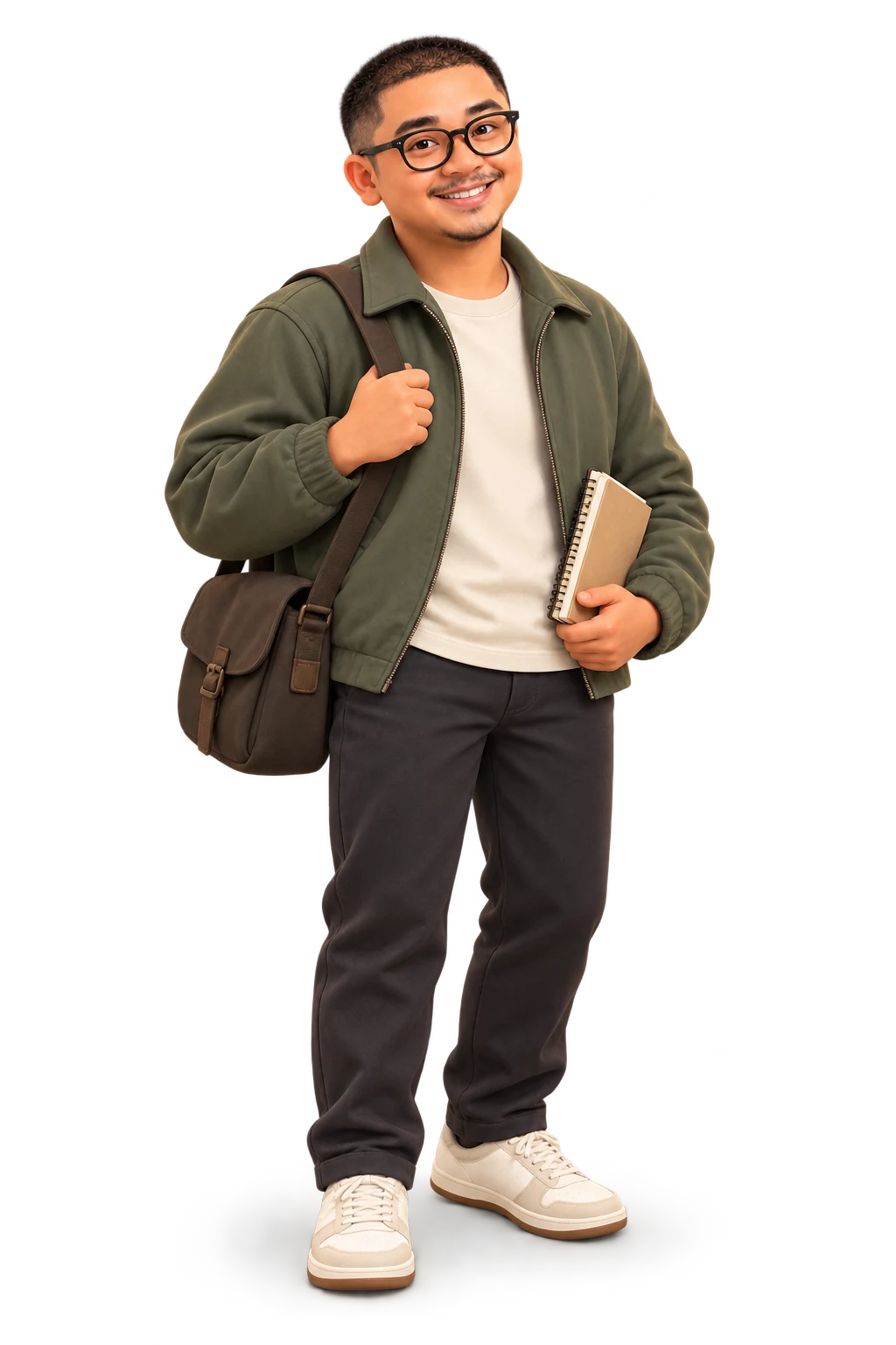 3D illustration imagining college-age Odin carrying a notebook and satchel