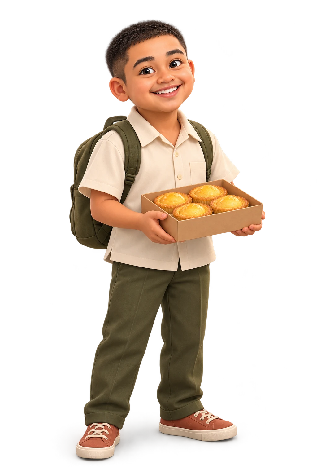 3D illustration imagining elementary-school Odin with a backpack and a box of durian tarts